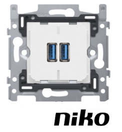 Niko Dubbele smart USB-A-lader, 3,5 A,schroefbevestiging. Niko Dubbele smart USB-A-lader, 3,5 A,schroefbevestiging.