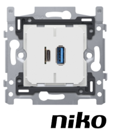 Niko Dubbele smart USB-A en USB-C lader, sokkel 60x71, schroefbevestiging Niko Dubbele smart USB-A en USB-C lader, sokkel 60x71, schroefbevestiging