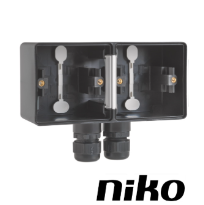 Niko Spuitwaterdicht opbouwdoos 2-voudig HORIZONTAAL ( IP55 ) zwart met 2 x M20-ingang incl.wartel Niko Spuitwaterdicht opbouwdoos 2-voudig HORIZONTAAL ( IP55 ) zwart met 2 x M20-ingang incl.wartel