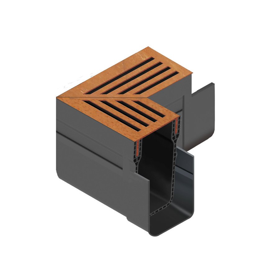 ACO hoekstuk, type Slimline, pvc, incl. designrooster, A15, 13,5 x 13,5 x 10 cm Cortenstaal ACO hoekstuk, type Slimline, pvc, incl. designrooster, A15, 13,5 x 13,5 x 10 cm Cortenstaal