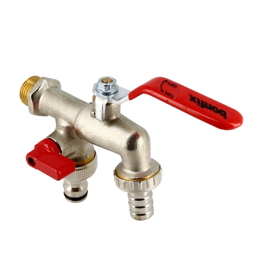 Bonfix dubbele tap-kogelkraan, messing vernikkeld, buitendraad / 2x slangwartel, ½" x ¾" x ¾" Bonfix dubbele tap-kogelkraan, messing vernikkeld, buitendraad / 2x slangwartel, ½" x ¾" x ¾"