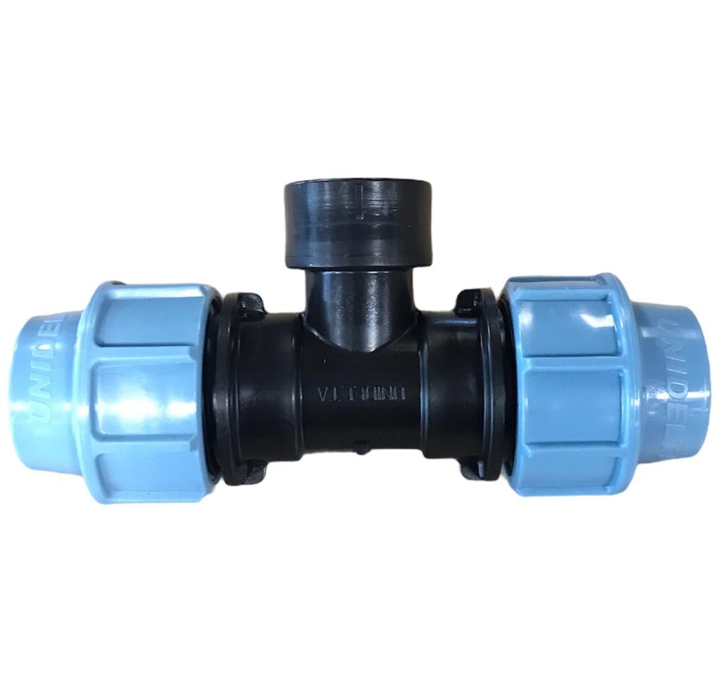 Unidelta schroef T-stuk 90°, Kiwa, 16 bar, 2x klem / 1x binnendraad 16 mm x ¾" Unidelta schroef T-stuk 90°, Kiwa, 16 bar, 2x klem / 1x binnendraad 16 mm x ¾"