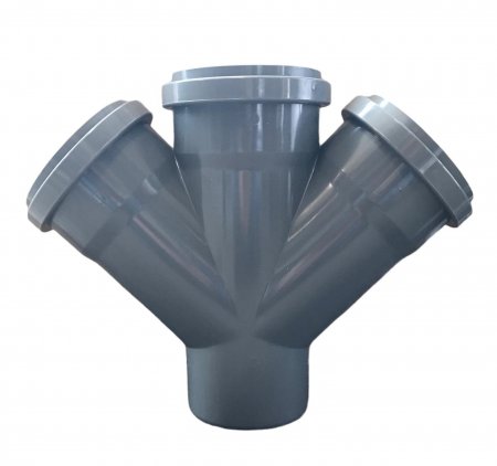 Pvc dubbel T-stuk 45°, 3x manchet/1x spie, grijs Pvc dubbel T-stuk 45°, 3x manchet/1x spie, grijs